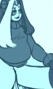 A fully rendered illustration featuring Val’s feminine sona in the Pool Rooms. Half of his plump, bottom heavy body is submerged in the pool water, leaning against the edge of the pool with his arm resting against it, his large breasts squishing into it as his other hand scrolls through a phone.